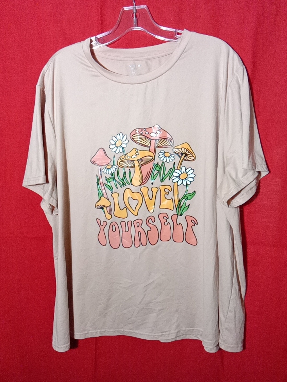 SHEIN Beige Graphic Tee with Yellow, Pink and Green Mushroom Design